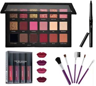 J & F Rose Gold Eyeshadow Palette with 5 Pc Makeup Brush , 4 in 1 Matte Red Edition Lipstick & Black kajal