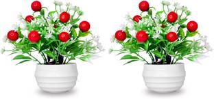 NERAPI Set of 2 Beautiful Blossom Red Cherry Artificial Plant Décorative Piece, Wild Artificial Plant  with Pot