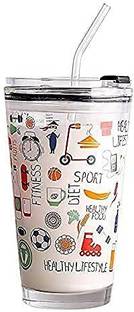 Giyanza Multipurpose Drinking cup with Silicone Straw and Glass Lid Random Design Glass Coffee Mug
