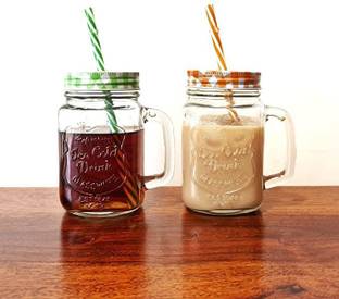 Virya Mason Jar with Handle, Colored Cap Lid & Straw for Juice / Cocktail / Mocktail Glass Mason Jar