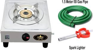 CYBOX Heavy Duty Single Gas Stove With 1.5 Meter ISI Gas Pipe And 1 Spark Lighter Stainless Steel Manual Gas Stove