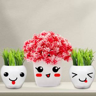 Kawai Homes Combo 3 Artificial Plants With Cute Emoji Pot for Living Room/ Home Decoration Bonsai Artificial Plant  with Pot