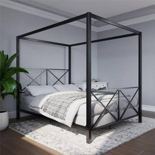 Worldwood 4 Poster Canopy Bed with Crisscross Headboard and Footboard Metal Double Bed