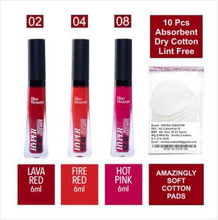 BLUE HEAVEN Hyper Stay Combo Liquid Matte Lipstick Shades-2-4-8 + Cotton Pad (10pcs)