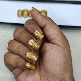 The NailzStation Glossy Golden Glitter Fake Nails In Square (Pack of 20)