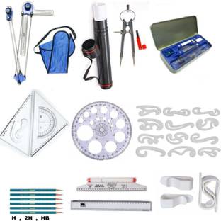 Book birds Engineering Drawing kit, Mini Drafter, Chart Holder, setsquare, procircle, French Curves, Bow Composs,Drawing Clips, (Pack of 1)_01 Drafting Compass Set