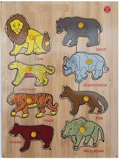 FireFlies Wooden Wild Animals Puzzle With Nob for kids