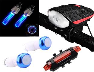 NSV Combo of Bicycle Head Light Tail Light Handle Grip Light Tyre Valve Light LED Front Rear Light Combo