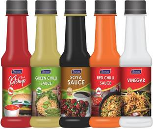 AACTUALA Pack of 5 (200g Each) Tomato Ketchup, Red Chilli, Green Chilli, Vinegar Soya Sauces