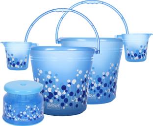 RATAN Frosty Bubble Print Pack of 5 Bathroom Set (Bucket x 2, Mug x 2, Stool x 1) 20 L Plastic Bucket
