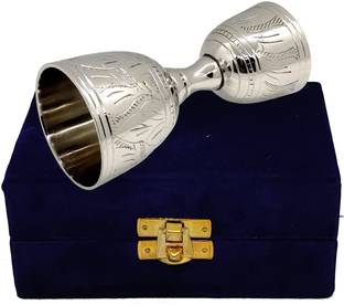 Akanksha Arts Brass Engraved Peg Measure Cup with Decorative Box, 30 ml / 60 ml, Silver Finish Glass Shot Glass