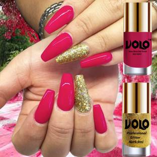 Volo Gloss Shine Passion Pink Nail Polish Glitter High Shine Golden Nail Paint Passion Pink, Golden Glitter