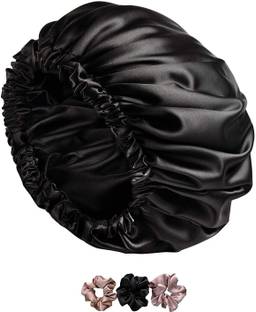 Wesofy Satin Silk Hair Bonnet cap with 3 Primium Silk Satin Scrunchies Black