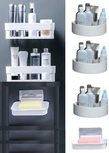 Qrex Self-Adhesive Bathroom Shelf Triangle Corner Waterproof Soap Box Stand Plastic Bathroom Set