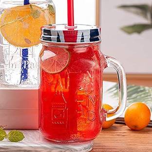 Simpeds Glass Juice Jar, Mason Jar with Lid and Straw 480 ml Glass Mason Jar