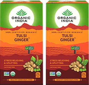 ORGANIC INDIA Tulsi Ginger 25 Tea Bags- (Pack Of 2) Tulsi, Ginger Herbal Tea Box