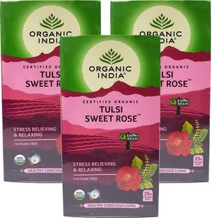 ORGANIC INDIA Tulsi Sweet Rose 25 Tea Bags- (Pack Of 3) Tulsi, Rose Green Tea Bags Box