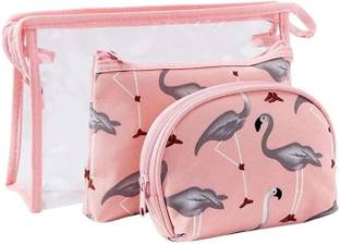 HOUSE OF QUIRK Flamingo Makeup Bag Set for Women Portable 3 Different Sizes Toiletry Bag-Pink Travel Toiletry Kit