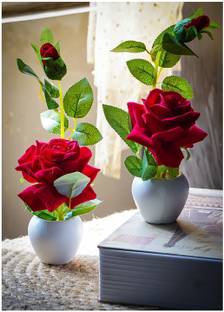 Siddhivinayak Artificial Red Roses Flowers Plant with Plastic Apple Pot, 22 Cms, Set of 2 Red Rose Artificial Flower  with Pot