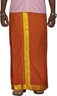 Prakasam Cotton Premium quality Single (1.28X2.00mtrs) Dark Kaavi Colour with 2inch Golden Jari Solid Men Dhoti