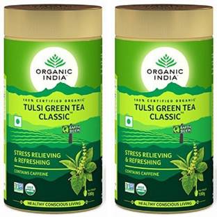 ORGANIC INDIA Tulsi Green Tea Classic 100gm Tin ( Pack of 2 ) Tulsi Green Tea Drum