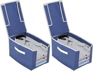 SH NASIMA 002 Premium Shirt Stacker Closet Storage Organizer Box with Clear Window, Attached Lid and handle Blue Pack OF 2