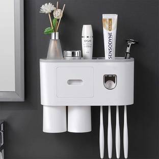 Antokin Automatic Toothpaste Dispenser Set. Suspension Rack with Storage Drawer Plastic Toothbrush Holder