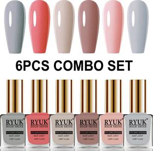 RYUK Long Shine HD Colors Nail Polish Combo Offer Set of 6 Pcs VTYNK-119 Light Grey, Pink Peach, Light Nude, Brown, Rose Gold, Cyan Blue