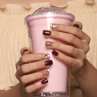 Lick - Press on Nails Maroon Reusable Acrylic/Fake/False Stick on Nails With Application Kit Glossy Maroon, Studed and Cheetah Print