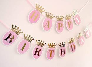 Kala Decorators Princess Glitter Happy Birthday Crown Banner for Girls Birthday Decoration Banner