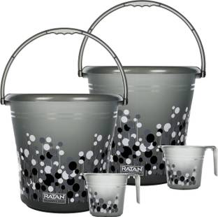 RATAN Frosty Bubble Print Grey Bathroom Set Pack of 4 (Bucket x 2, Mug x 2) 20 L Plastic Bucket