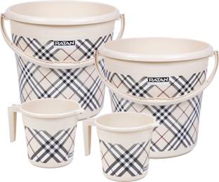 RATAN Frosty Checks Print Bathroom Set Pack of 4 (Bucket x 2, Mug x 2) 20 L Plastic Bucket