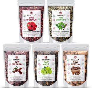 BRALCON Organic Raw Amla, Reetha, Shikakai, bhringraj, Hibiscus Combo-100g Each Pack |