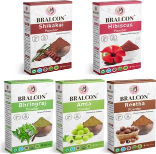 BRALCON Organic Amla, Reetha, Shikakai, Bhringraj, Hibiscus Powder Combo-(100g 5 Pack)|