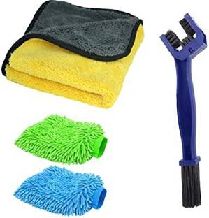 Piyush Microfiver Cloth,Chain Brush,Gloves-2 Car and and chain brush combo pack-of 4 Combo