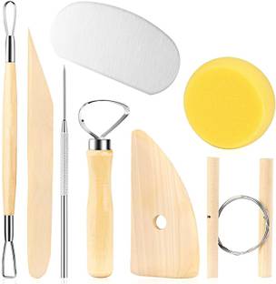 DEZIINE 8 Piece Wood and Metal Pottery Tool Kit Clay Kit Sponge