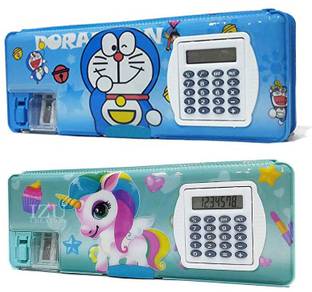 तीशना Inbuilt Calculator & Sharpner डोरेमॉन, यूनिकॉर्न आर्ट प्लास्टिक पेंसिल बॉक्स