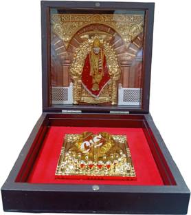 Om Sai shirdi SaiBaba Photo Frame with Charan Paduka, Sadguru Sai Wooden Momento Decorative Showpiece  -  12 cm