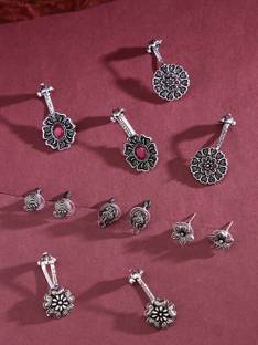 YELLOW CHIMES Combo of 6 Pairs Ethnic German Silver Oxidised Floral Design Traditional Ear Clip Earrings for Women and Girls Brass Stud Earring, Chandbali Earring