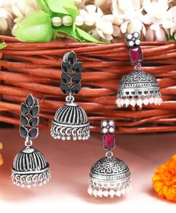 YELLOW CHIMES Combo of 2 Pairs Oxidised Silver Plated Traditional Jhumka Earrings For Women & Girls Beads Brass Jhumki Earring