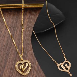 VPCREATION Excellent Finished V Letter Heart Shape Pendant Necklace Chain Combo Pack Of 2 Cubic Zirconia, Diamond Gold-plated Plated Alloy Chain Set