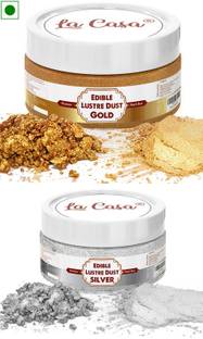 La Casa Premium Edible Lustre Dust - GOLDEN+SILVER | Pack of 2 | Pearl Dust Ideal for Cake Icing Decoration & Garnishing | Glitters