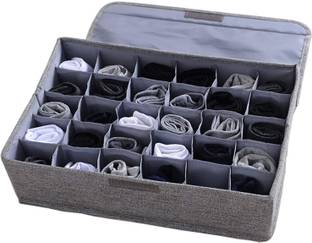 DOUBLE R BAGS Socks Organizer with Lid, 30 Cell Underwear Drawer Organizer Foldable Closet Storage Box