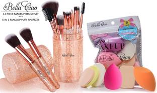 बेला सियाओ 12 Pcs Shiny Face & Eye Makeup Brush Set With Box + 6in1 Makeup Sponge Puff Pack