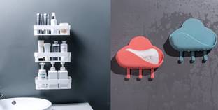 Qrex ABS Plastic Traditional Usefull Wall Shelf With Key Type Soap Holder Plastic Bathroom Set