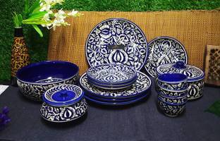 caffeine Pack of 15 Ceramic Handmade Blue Mughal Dinner Set Dinner Set