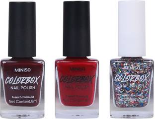 MINISO Glossy Nail Polish Set,Long Lasting Formula and Quick Dry (13+14+30) Dark Red, Dark Pink, Color Sequins
