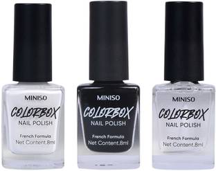 MINISO Glossy Nail Polish Set,Long Lasting Formula and Quick Dry(02+05+15) Pure White, Black, Top Coat