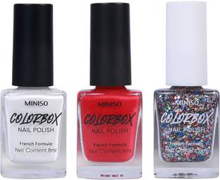 MINISO Glossy Nail Polish Set,Long Lasting Formula and Quick Dry (02+10+30) Pure White, Neon Rose, Color Sequins