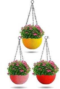 DawnRays 8 inch Hanging Flower Pot Railing Flower Pots for Balcony/Outdoor Flower Stand/Flower Stand/Flower Pot Stands Plant Container plastic Hanging Pots Planter Pot Diameter 8.5 Inch, Pot Height 4.8 Inch, Pot Thickness 3 mm, Chain Length 13 inch (Pack of 3) Plant Container Set